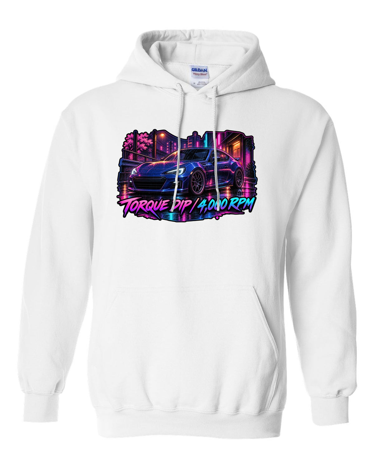 Spray-paint graffiti style Subaru BRZ ZD8 drifting with FA24 2.4L dip fixed text white pull over hoodie front view with the design
