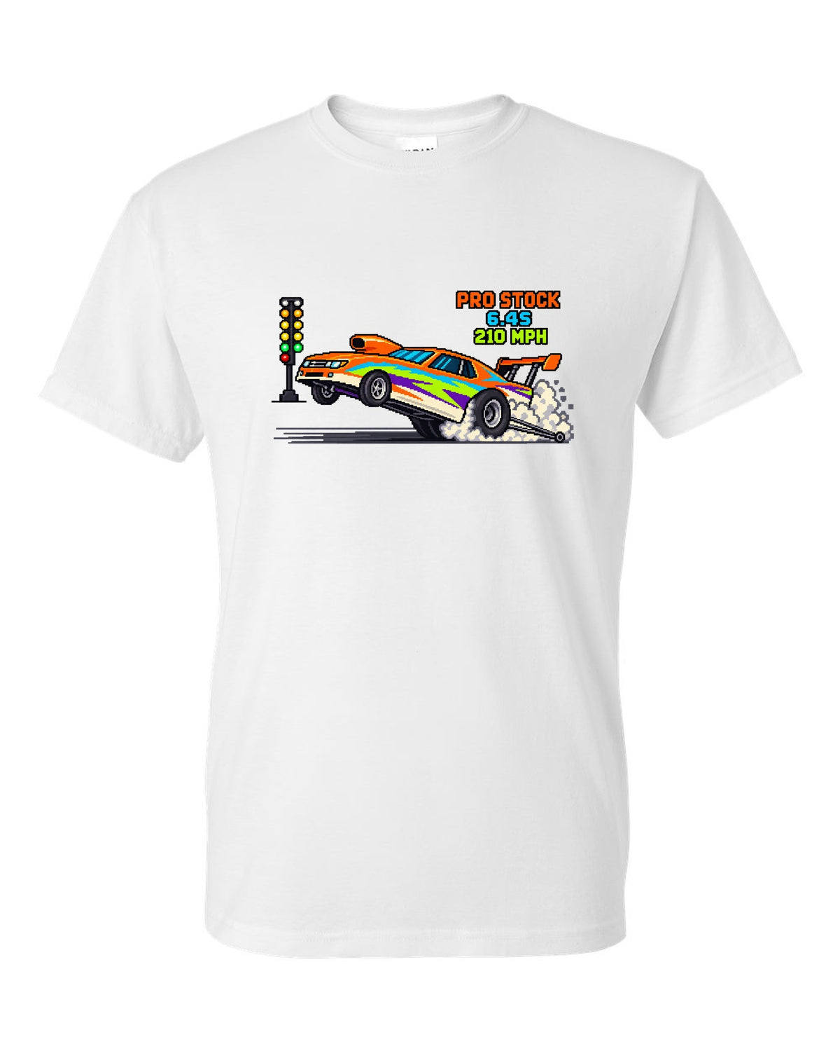 8-bit pixel art Pro Stock drag car launching with 6.4S 210 MPH lettering white t-shirt front view with the design