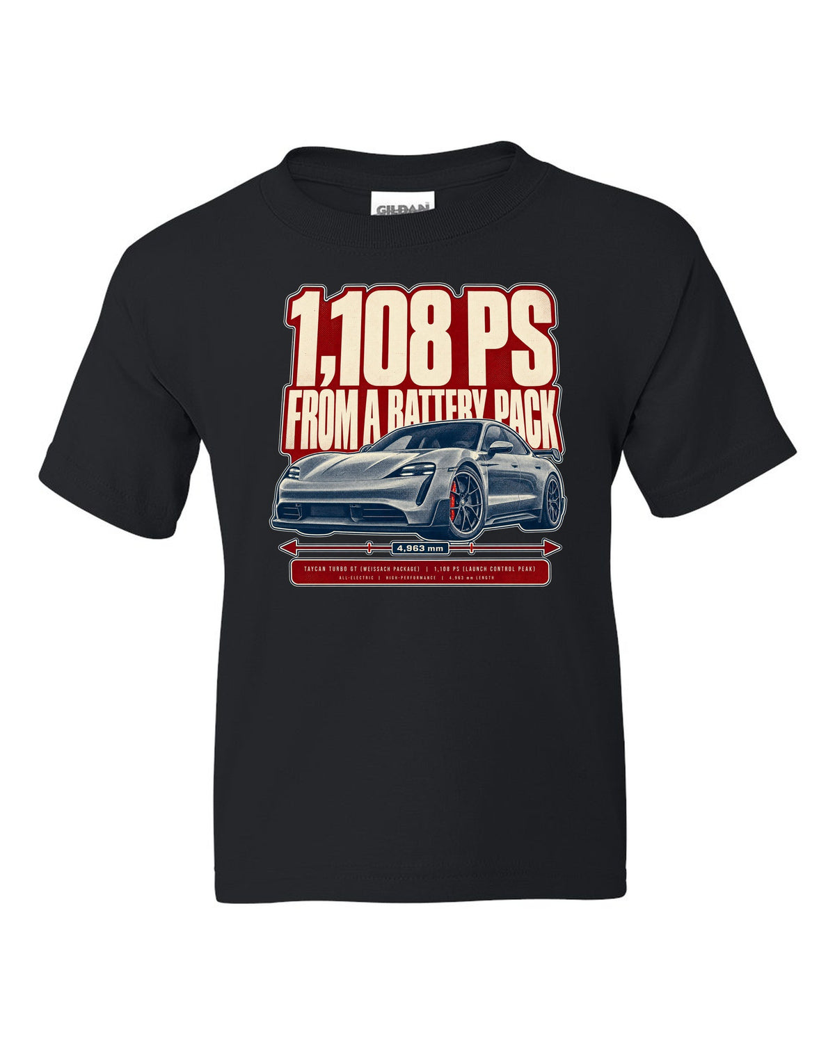 Halftone print of a low front three-quarter Porsche Taycan Turbo GT with 1,108 PS text black kids tee front view with the design