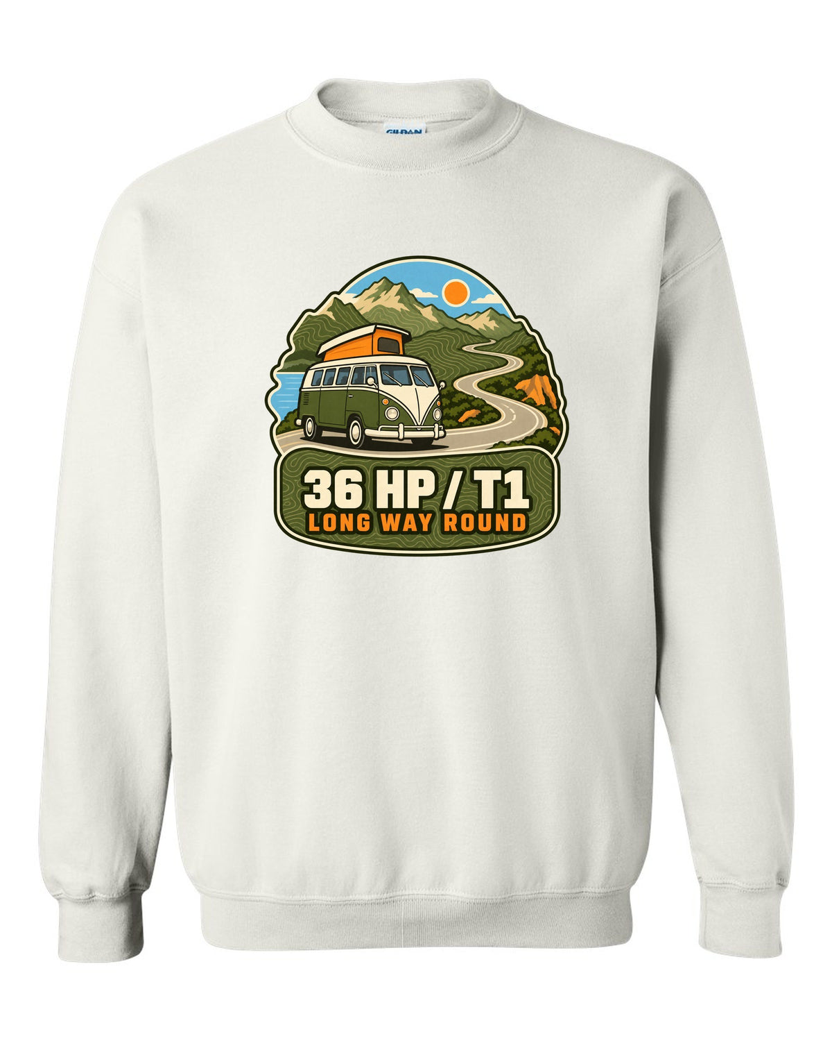 Topographic route map print of a 1962 VW Bus T1 split-window with 36 HP lettering white crewneck front view with the design