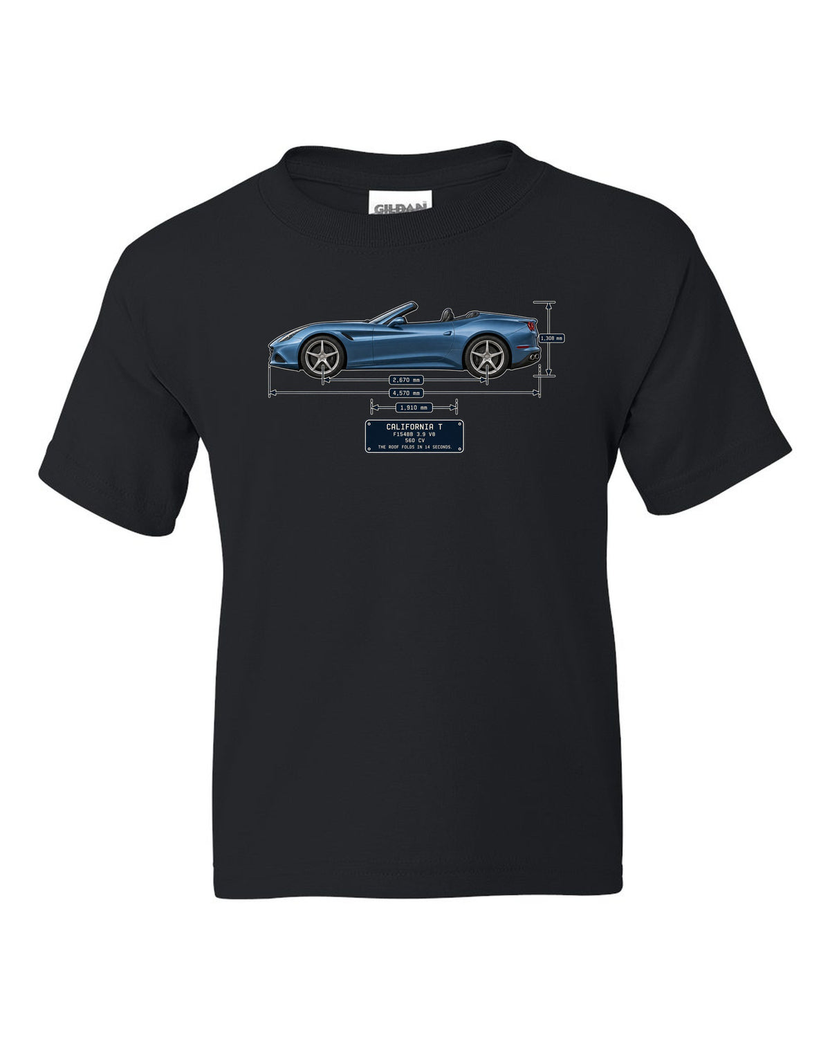Dimension blueprint print of the Ferrari California T with roof folded black kids tee front view with the design