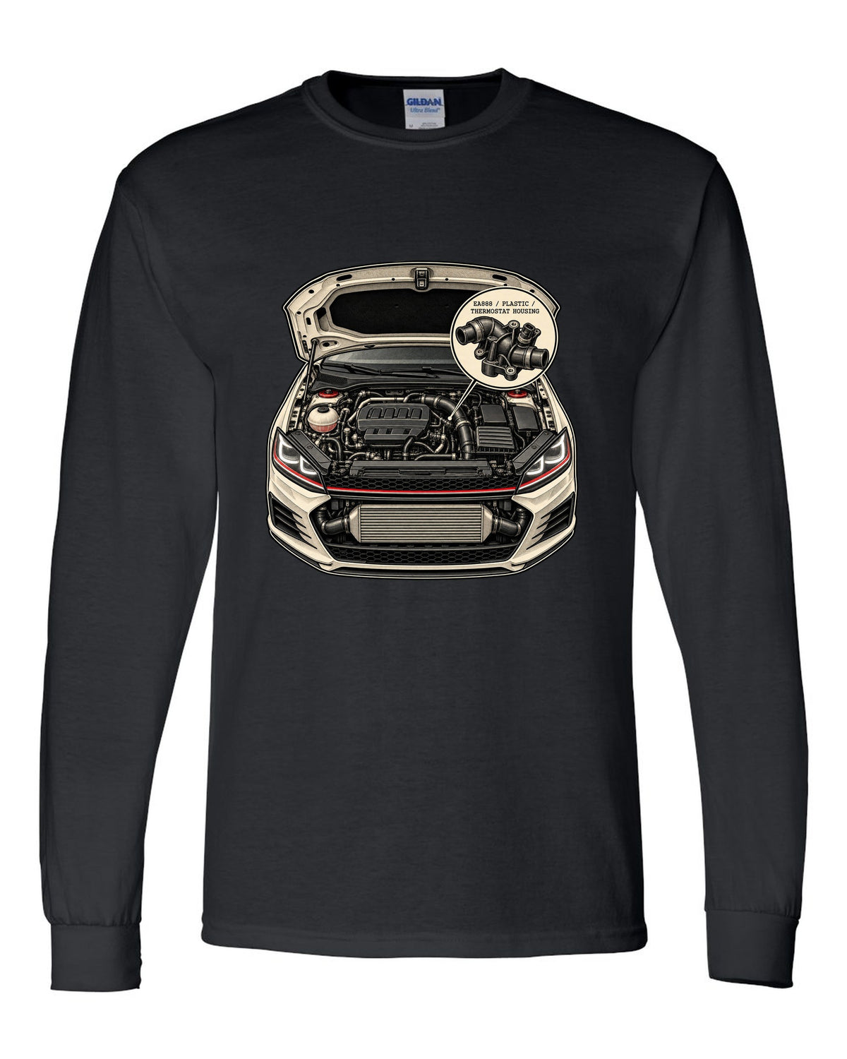 Patent line art of a VW Golf Mk7 GTI engine bay labelled EA888 plastic thermostat housing black long sleeve front view with the design