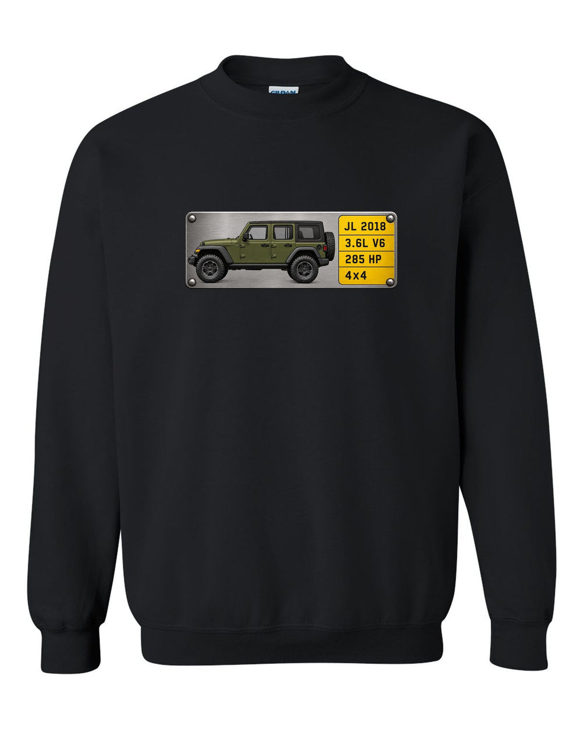 Jeep Wrangler JL Unlimited 3.6L V6 285 HP Spec Plate Tee black crewneck front view with the design