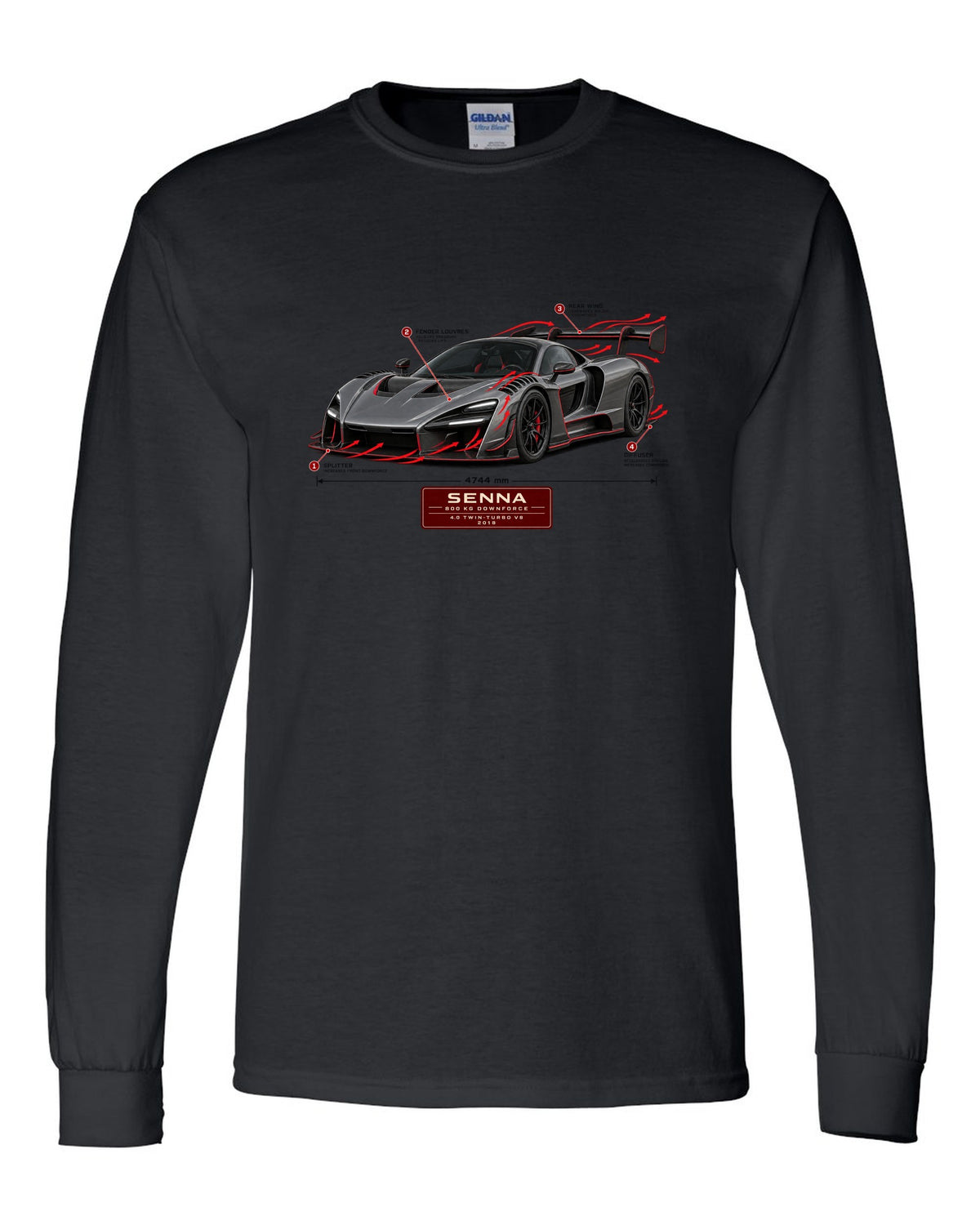 Aero callout print of a McLaren Senna showing 800 kg downforce black long sleeve front view with the design