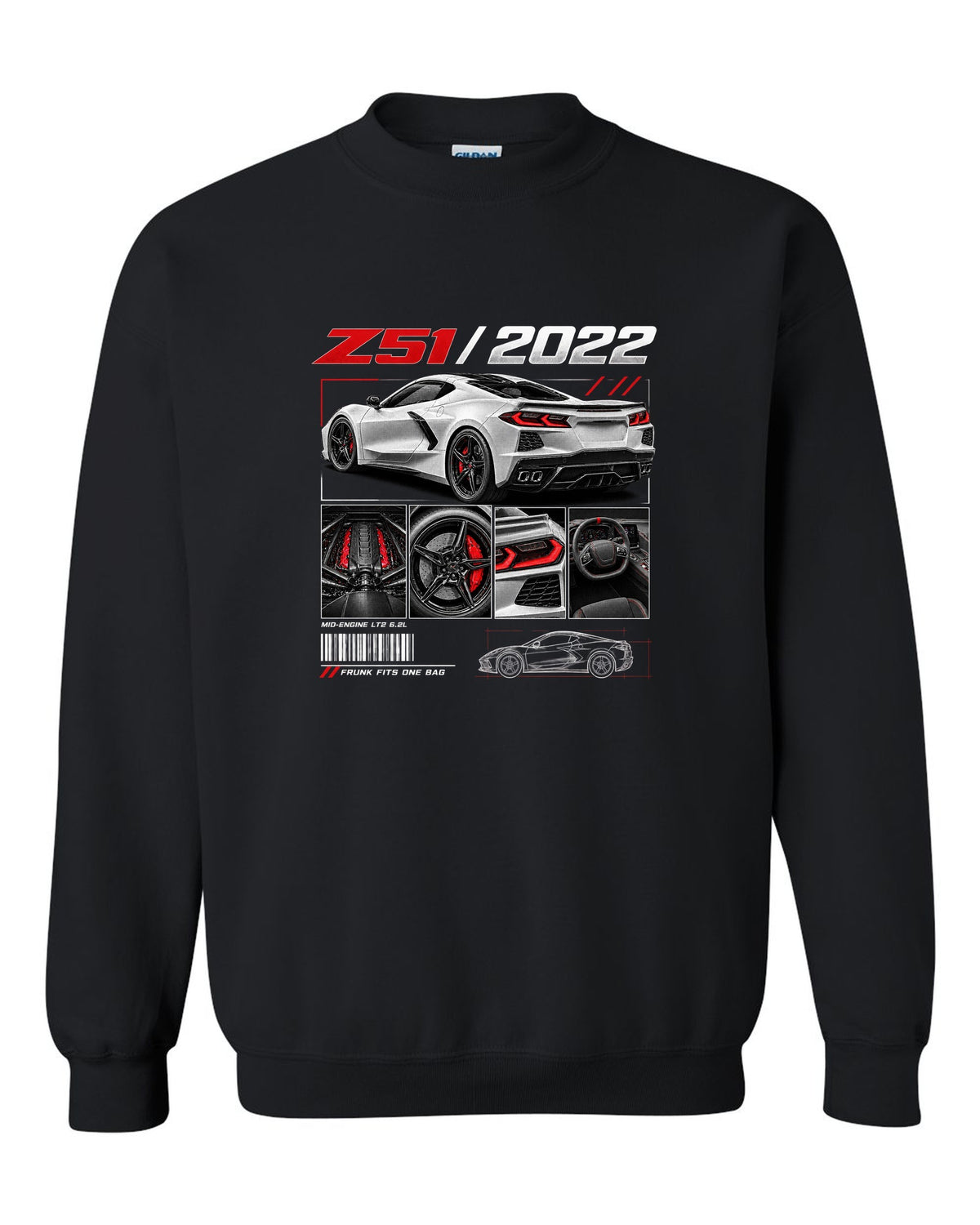 Corvette C8 Stingray Z51 2022 in dossier panels black crewneck front view with the design