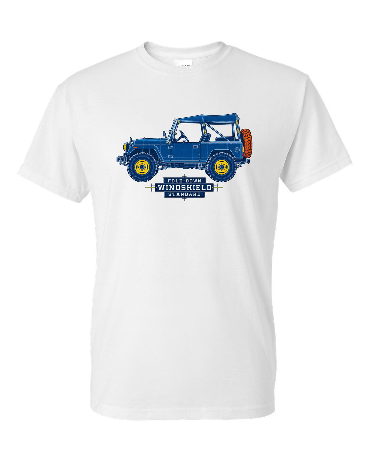 Cyanotype blueprint of a Toyota Land Cruiser FJ40 with fold-down windshield lettering white t-shirt front view with the design