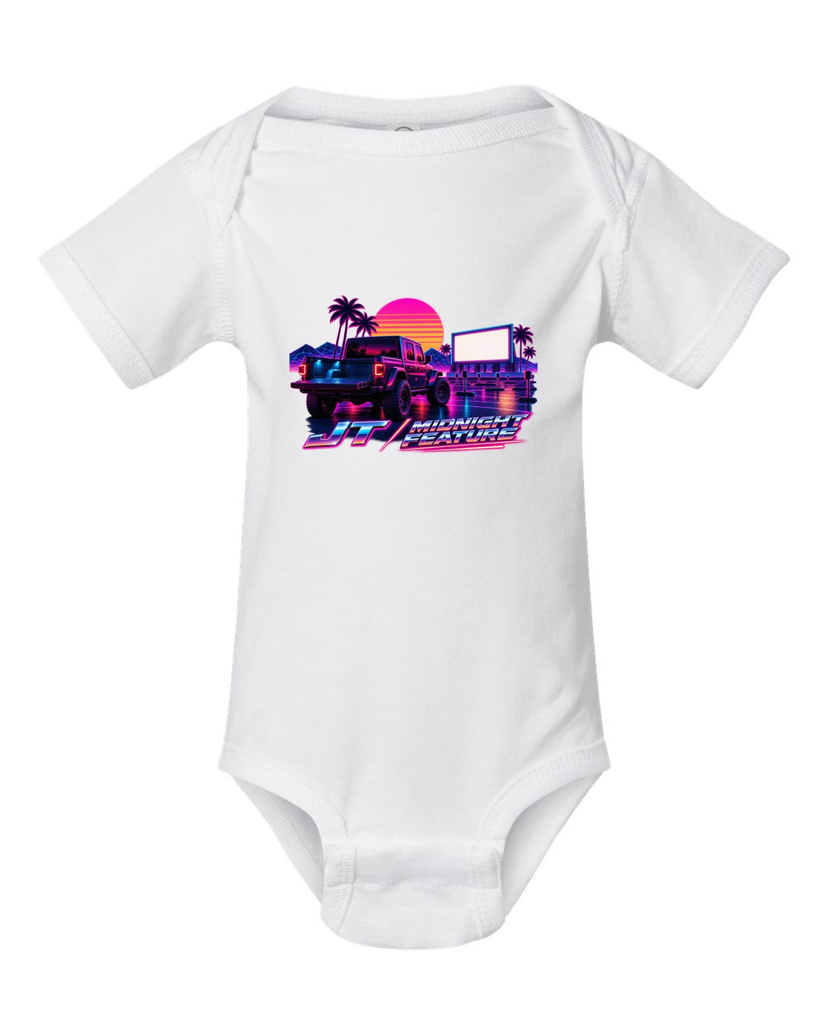 Jeep Gladiator JT synthwave outrun neon grid horizon with JT midnight feature text white baby onesie front view with the design