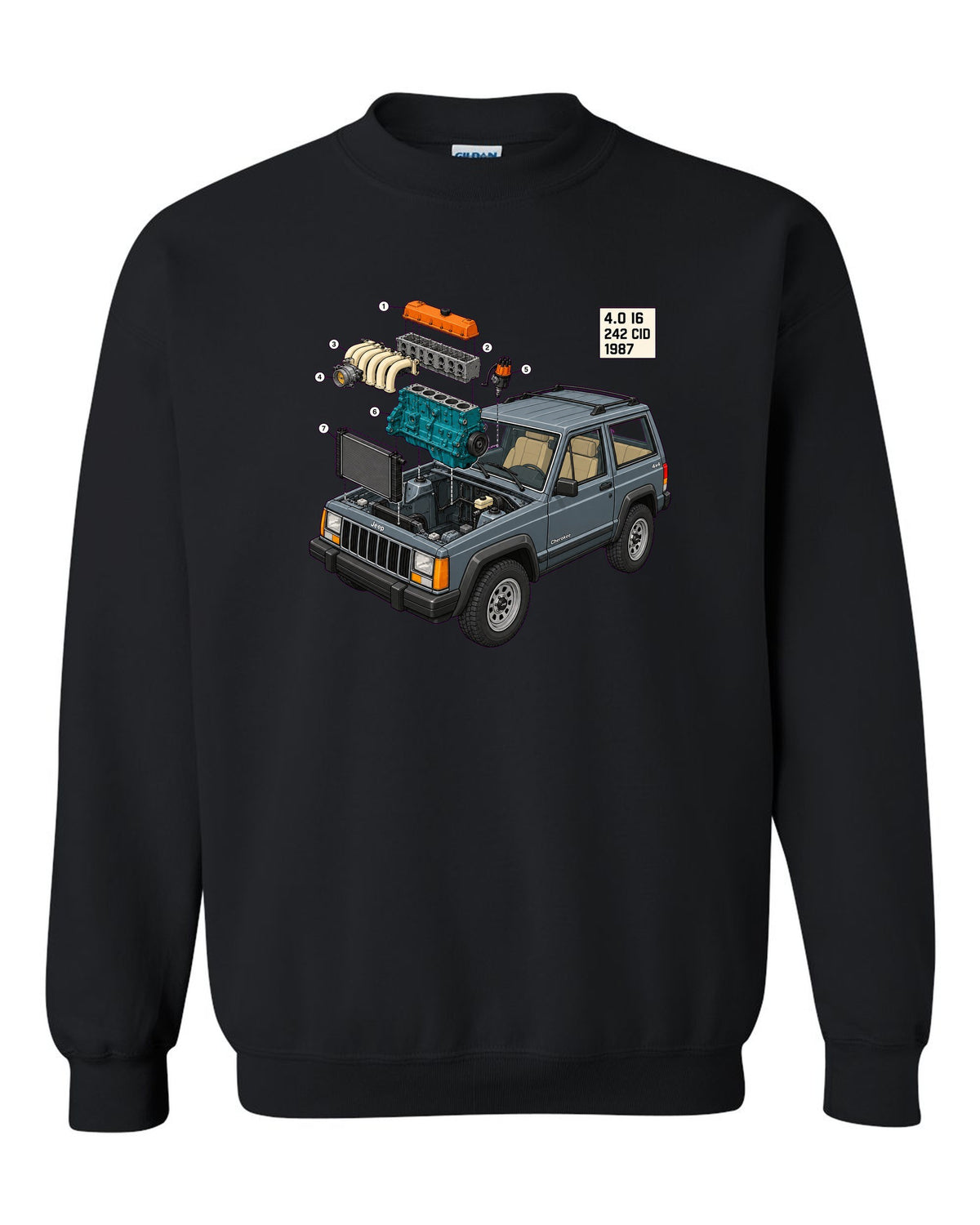 Isometric exploded diagram of a Jeep Cherokee XJ 4.0 inline six engine bay black crewneck front view with the design