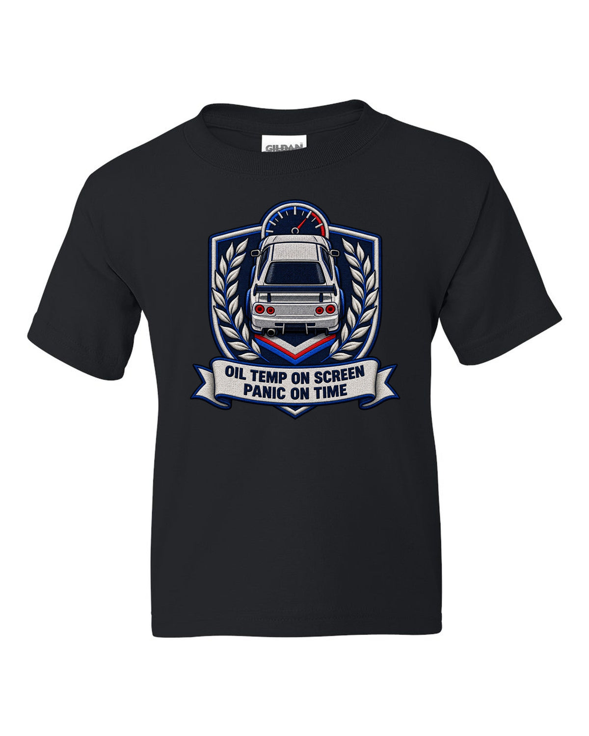 Embroidery-style shield crest print for the Nissan Skyline GT-R BNR34 with oil temp lettering black kids tee front view with the design