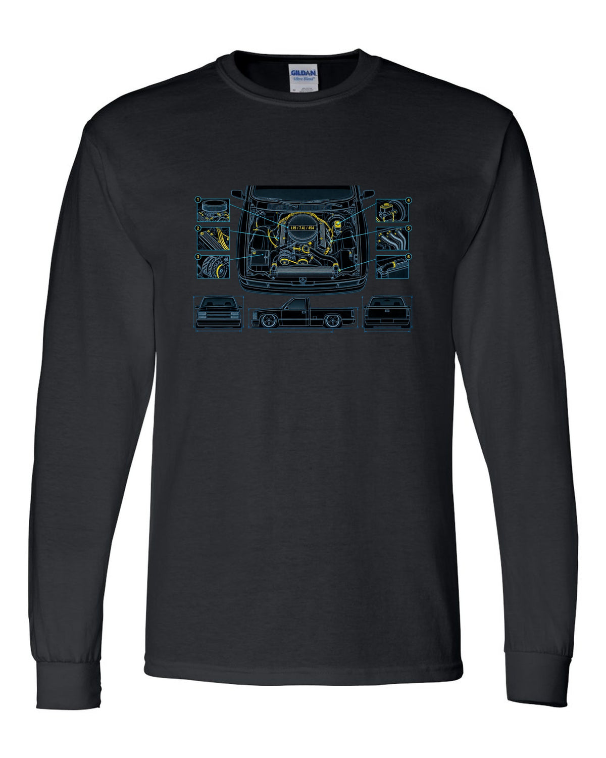 Technical blueprint print of the engine bay on a 1990-93 Chevrolet 454 SS pickup with L19 7.4L 454 text black long sleeve front view with the design
