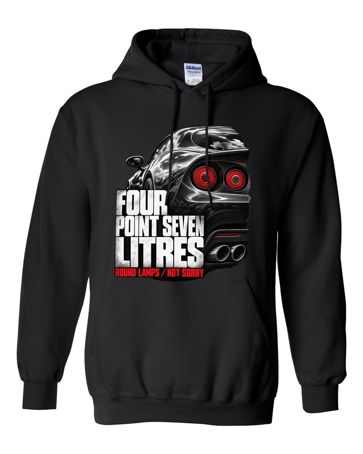 Tail lamp macro print of an Alfa Romeo 8C Competizione with four point seven litres text black pull over hoodie front view with the design
