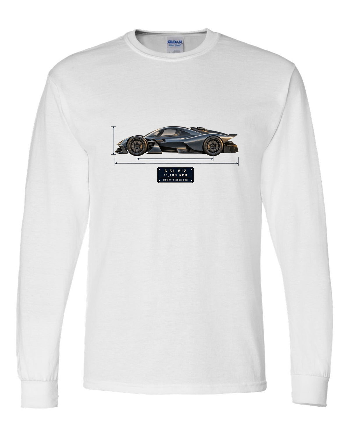 Aston Martin Valkyrie 2021 blueprint print with 6.5L V12 and 11,100 rpm lettering white long sleeve front view with the design