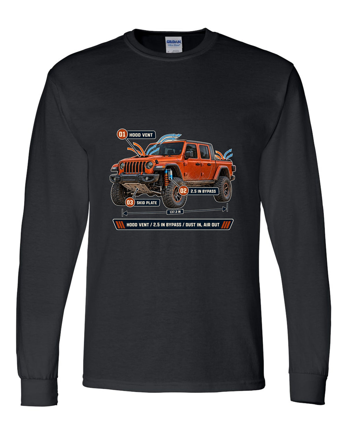 Aero callout print for the Jeep Gladiator Mojave JT showing hood vent and bypass black long sleeve front view with the design