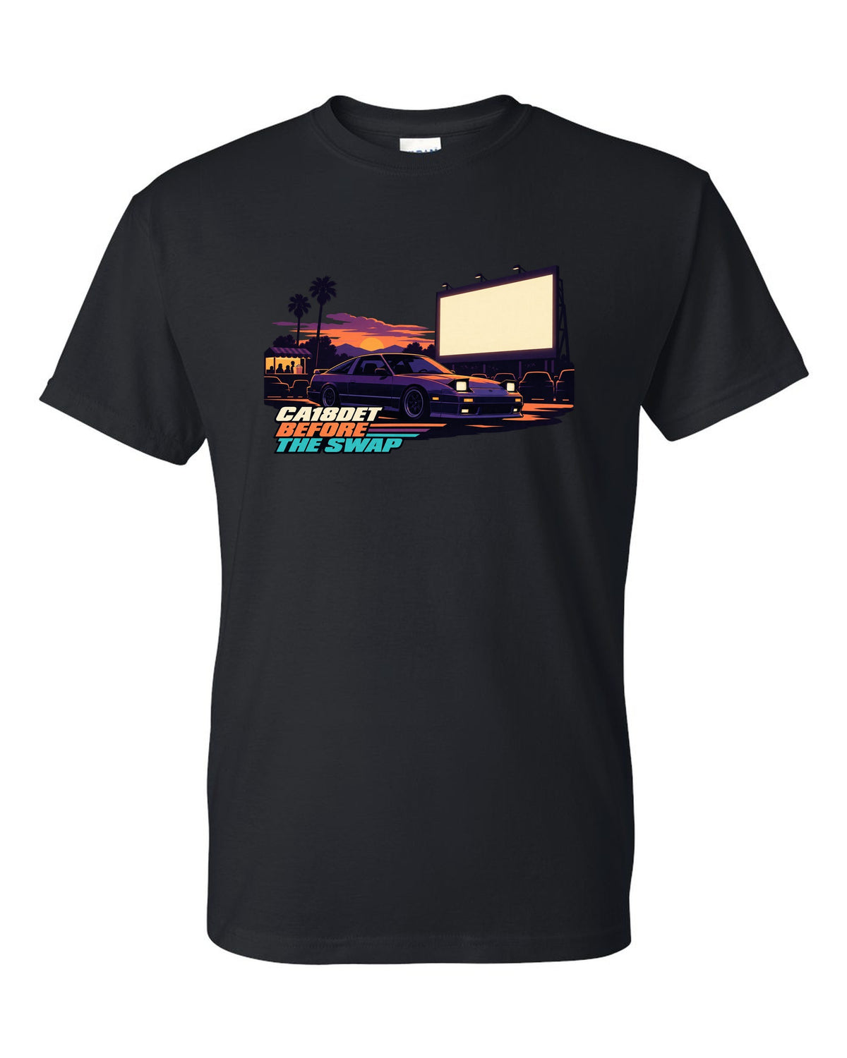 Flat vector drive-in print of a Nissan 180SX S13 with CA18DET before the swap lettering black t-shirt front view with the design