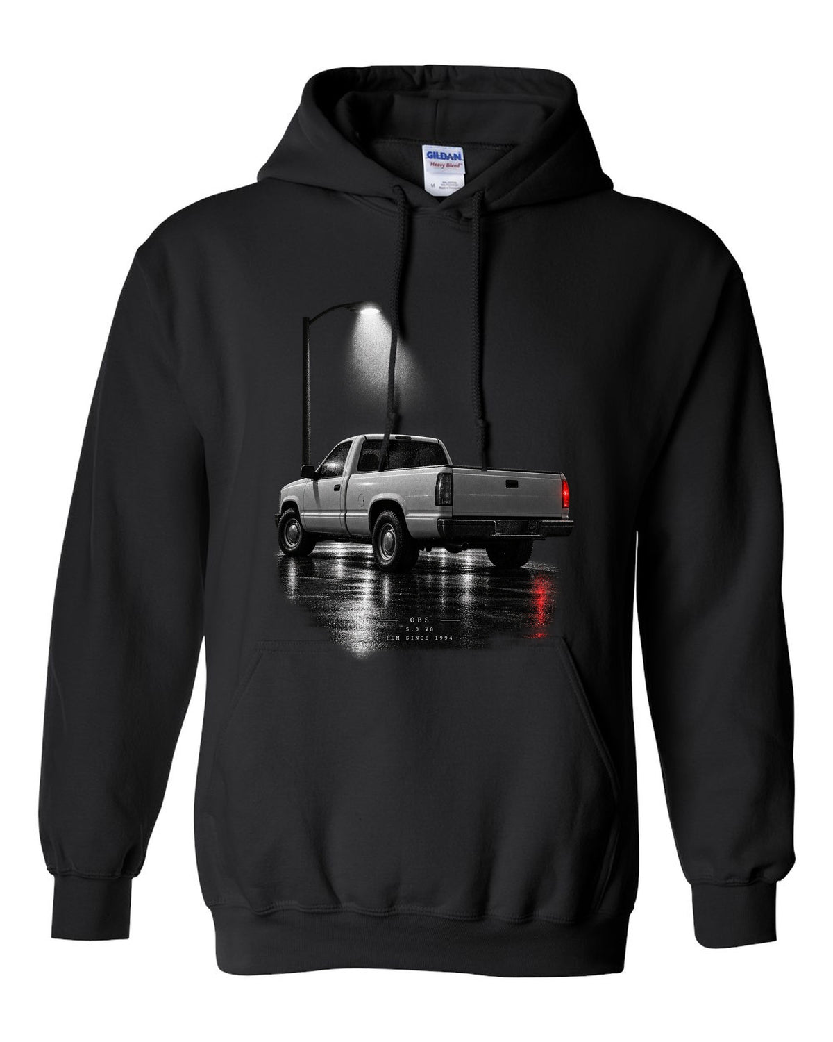 Night garage print of a 1992-97 Ford F-150 OBS truck with 5.0 V8 lettering black pull over hoodie front view with the design