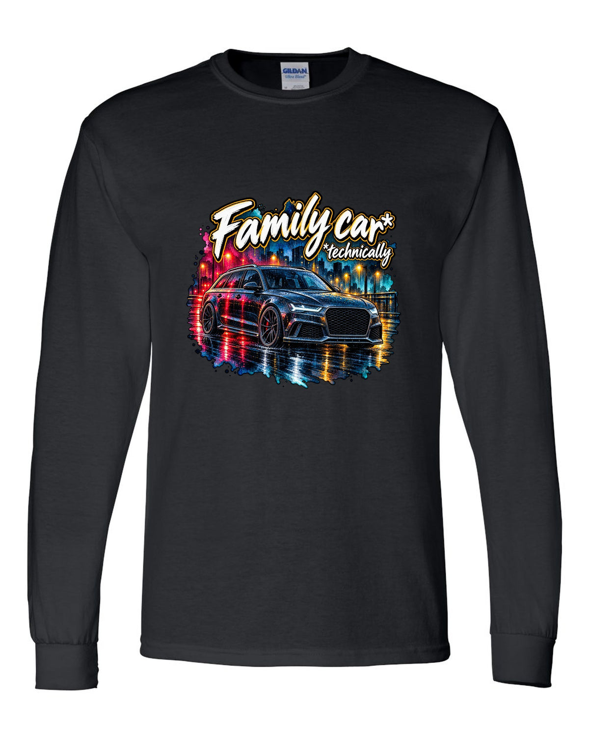 Watercolour wet-road night design of the Audi RS6 Avant C7 4G with family car technically lettering black long sleeve front view with the design