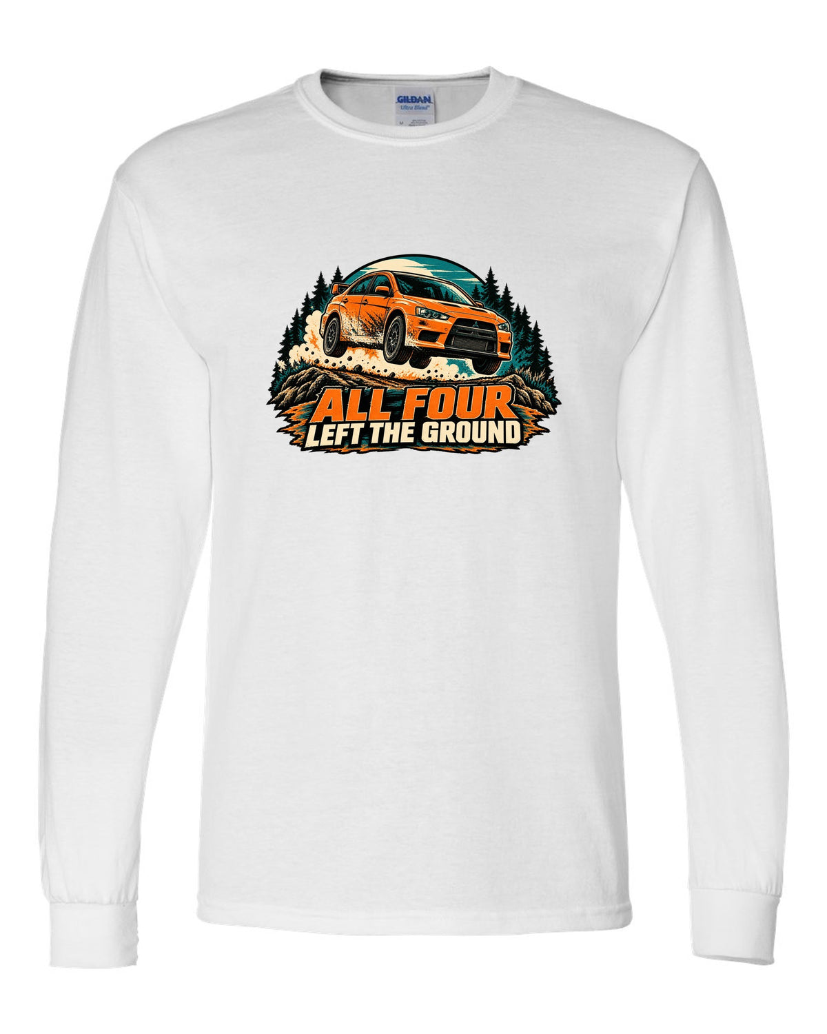 Flat vector minimalist print of the Mitsubishi Evo X CZ4A with aluminium block 291 HP text white long sleeve front view with the design