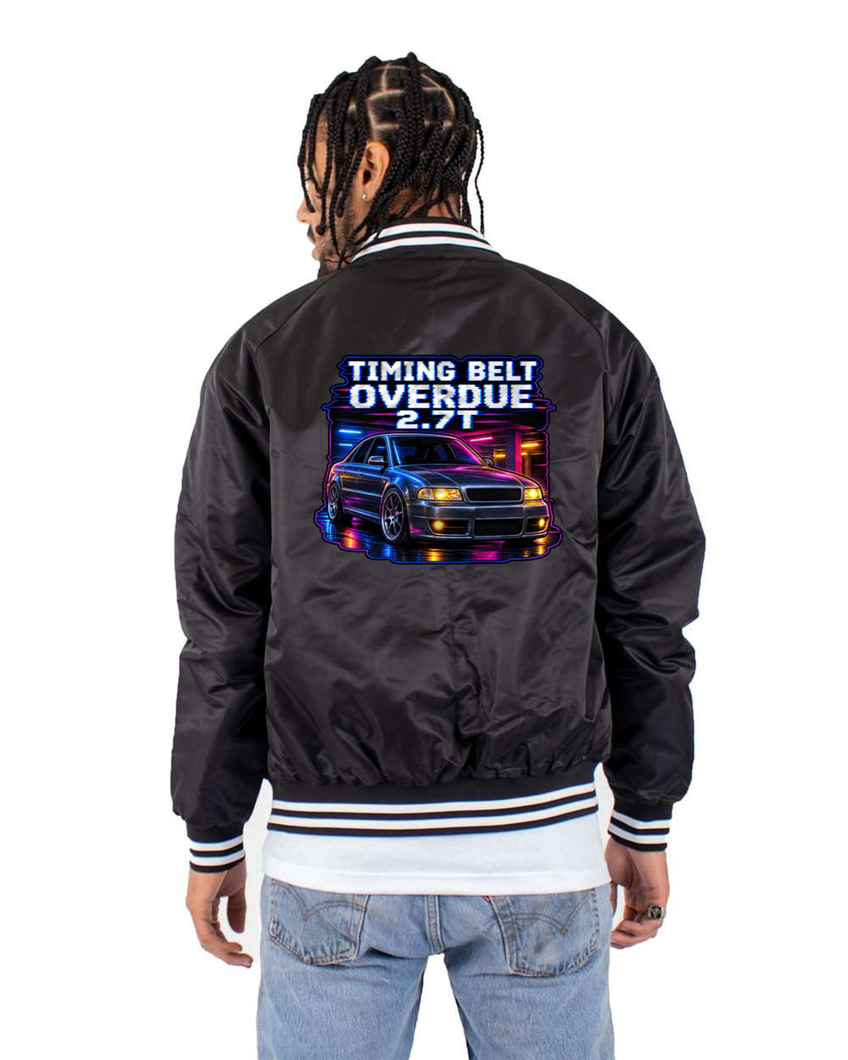 Audi S4 B5 2.7T Biturbo VHS Lo-Fi Shirt, Timing Belt Overdue Bomber Jacket Black back
