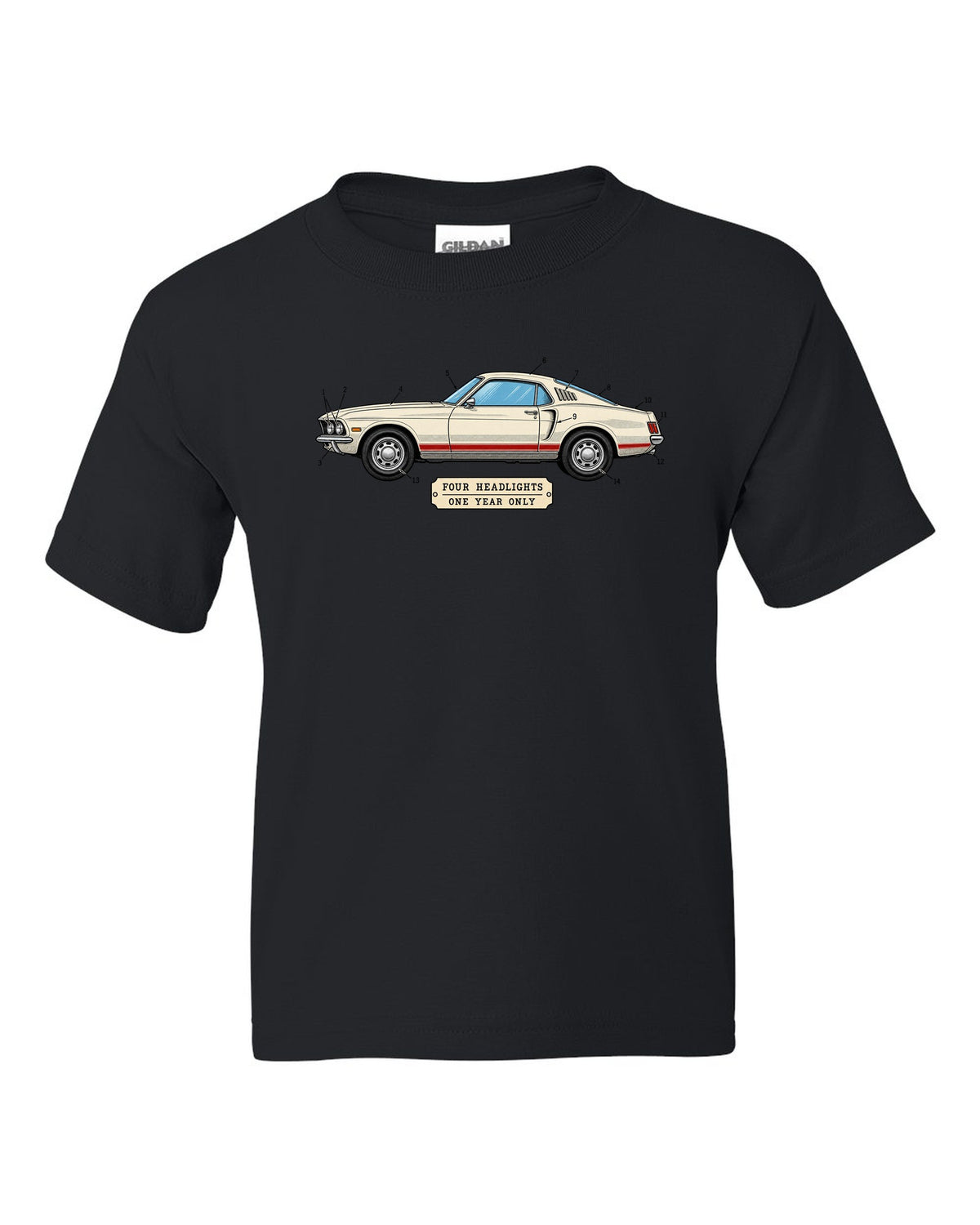 1969 Ford Mustang Fastback Patent Sheet Profile black kids tee front view with the design