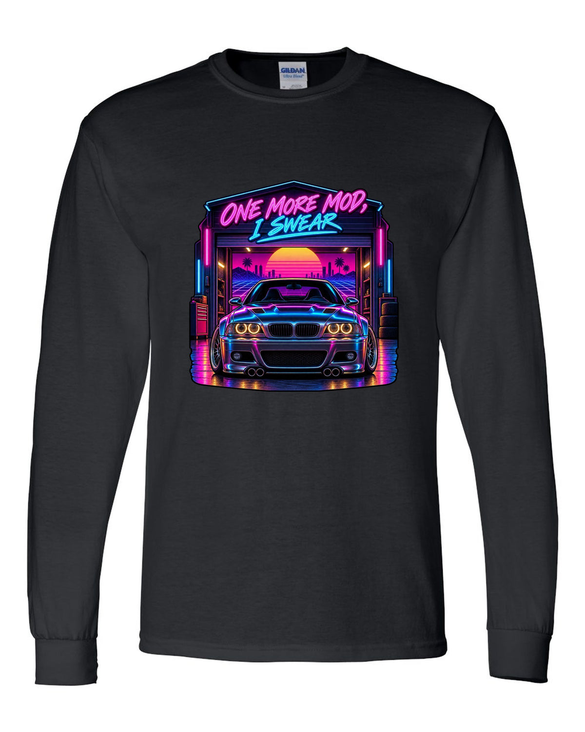 Synthwave outrun print of a BMW E46 M3 coupe with one more mod I swear text black long sleeve front view with the design