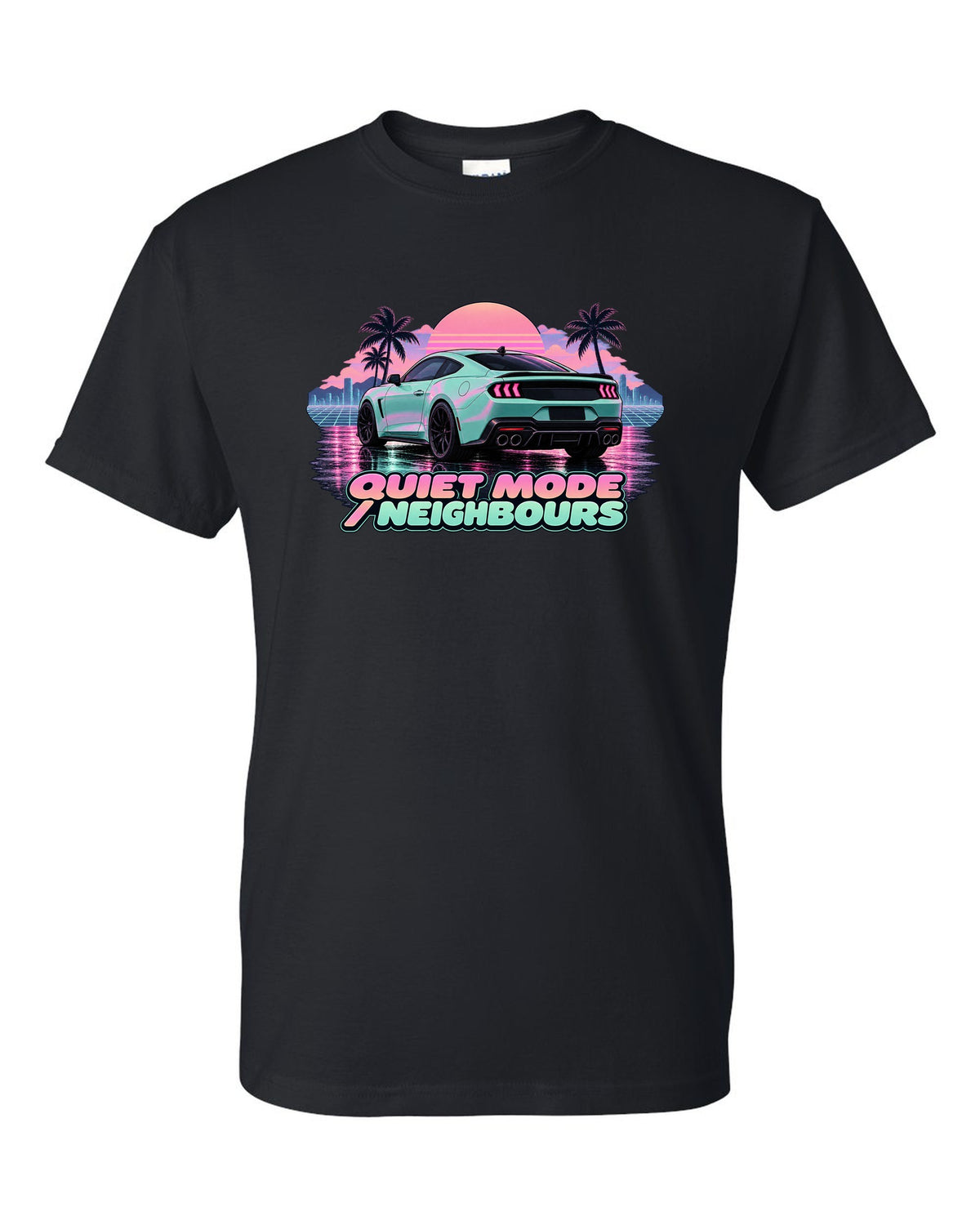 Vaporwave pastel print of a 2024 S650 Mustang coupe on wet asphalt with Quiet Mode text black t-shirt front view with the design