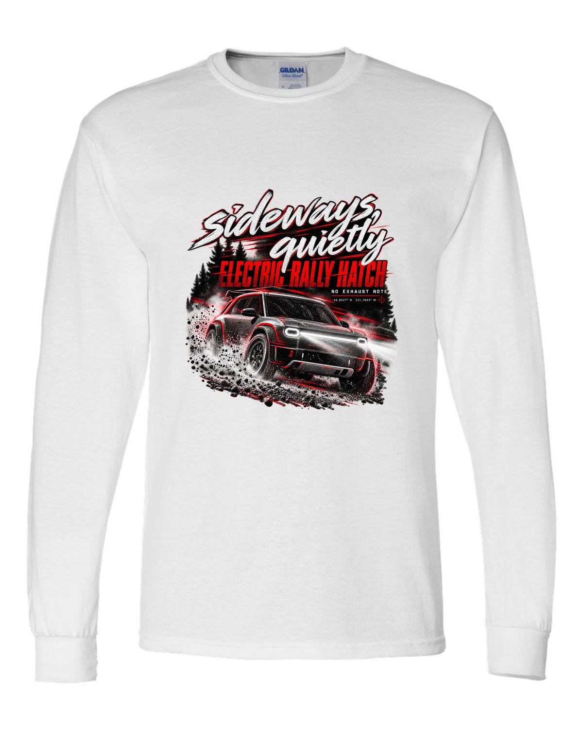Rivian R3X 2027 sliding on a night touge with the text sideways quietly, electric rally ch white long sleeve front view with the design