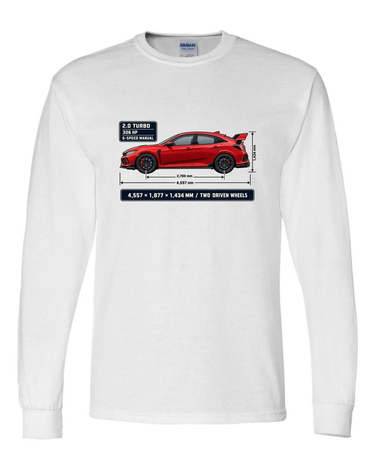 print dimension blueprint of a red Honda Civic Type R FK8 white long sleeve front view with the design