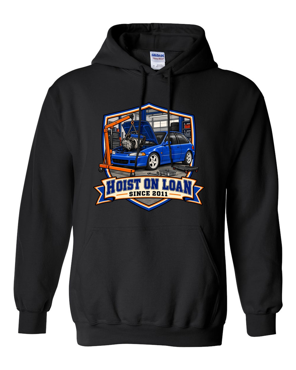 Embroidery patch style print of a 1992 Honda Civic EG6 ch with hoist on loan since 2011 text black pull over hoodie front view with the design