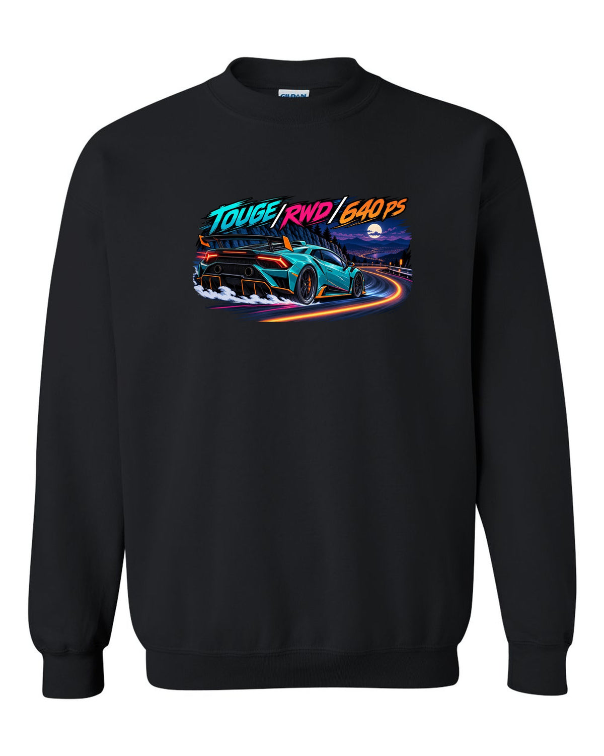Cel-shaded anime night touge scene with a Lamborghini Huracan STO LP640-2 and text TOUGE / RWD / 640 PS black crewneck front view with the design
