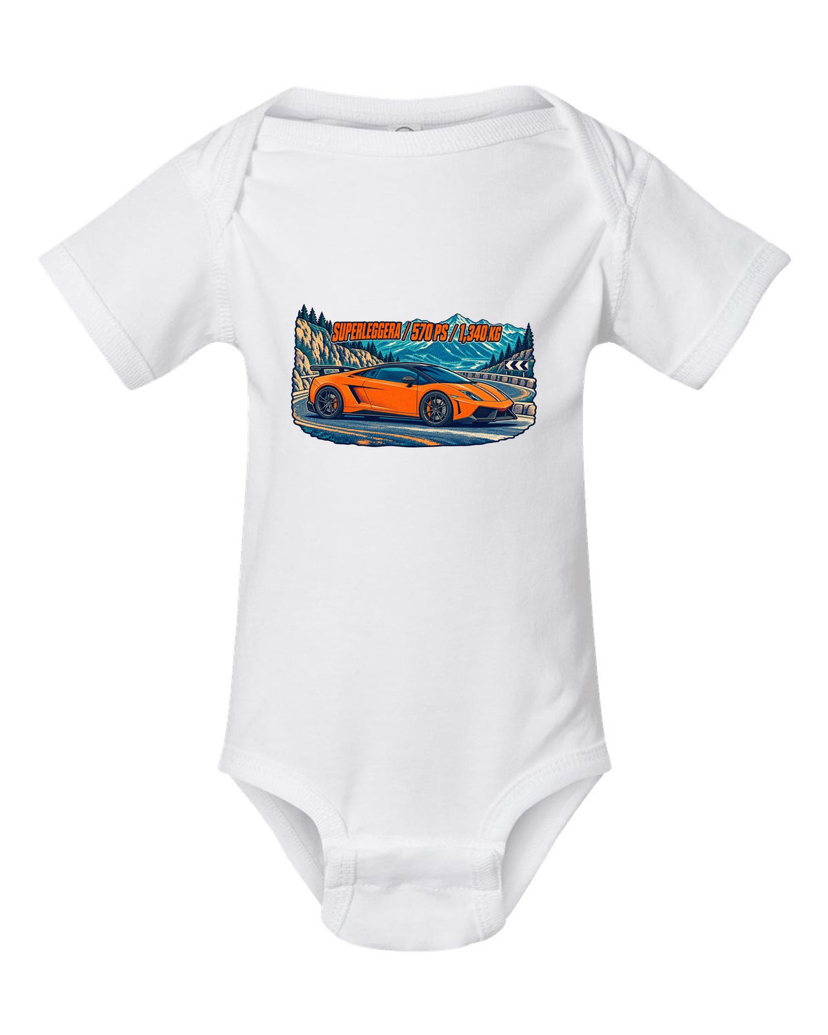 Three-colour risograph design of a Lamborghini Gallardo LP570-4 Superleggera on a mountain pass white baby onesie front view with the design