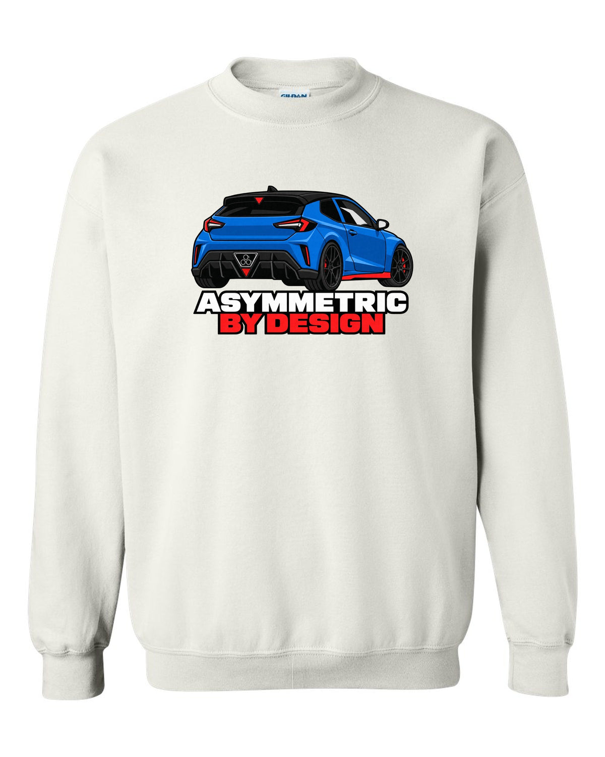 Hyundai Veloster N JS flat vector rear three-quarter print with asymmetric by design text white crewneck front view with the design