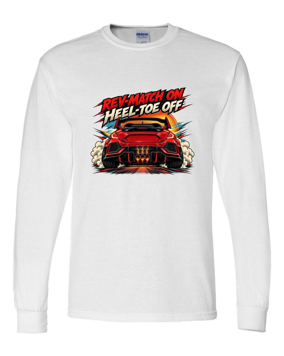 Halftone comic style Honda Civic Type R FK8 print with rev-match joke white long sleeve front view with the design