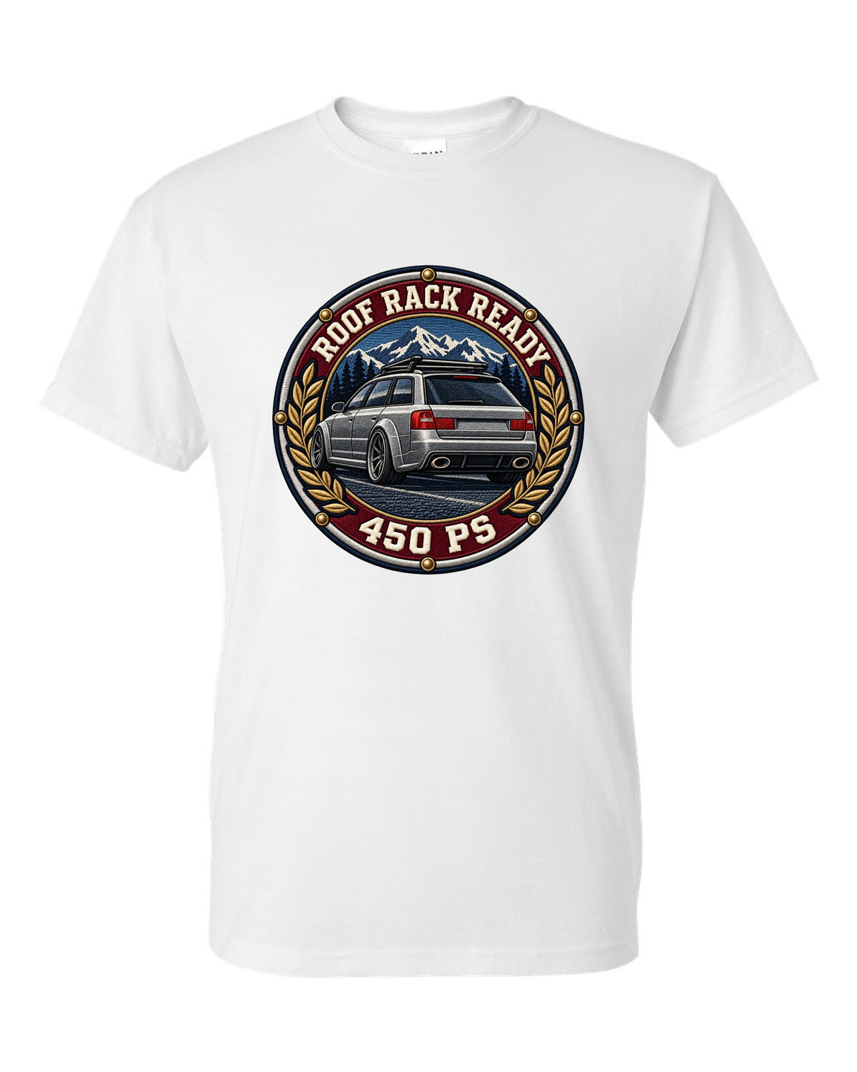 Varsity crest style print of a flared Audi RS6 Avant C5 with Roof Rack Ready text white t-shirt front view with the design