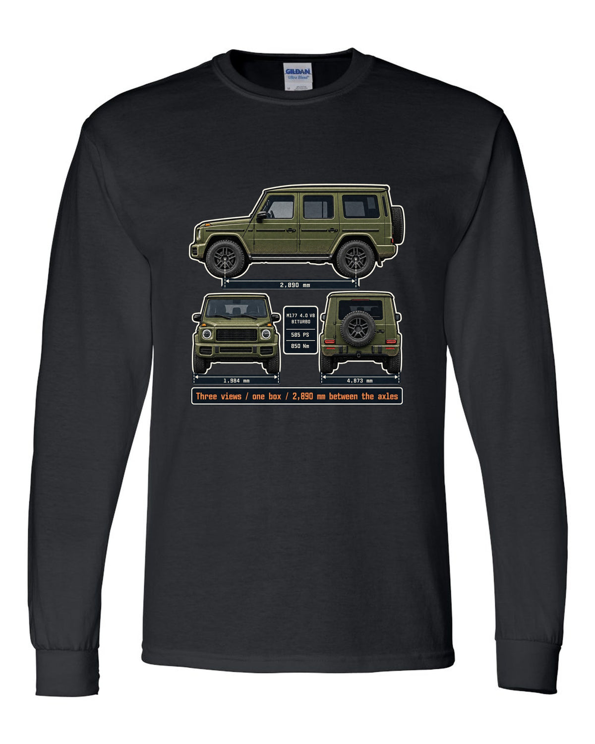 Three-view dossier print of a Mercedes-AMG G63 W463A black long sleeve front view with the design