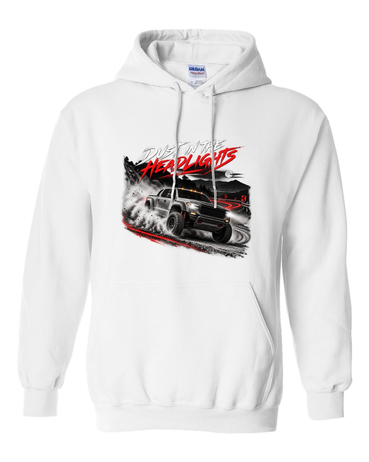 Ford Ranger Raptor 2024 P703 dust night print with Redback, 3.0 TT and 405 HP white pull over hoodie front view with the design
