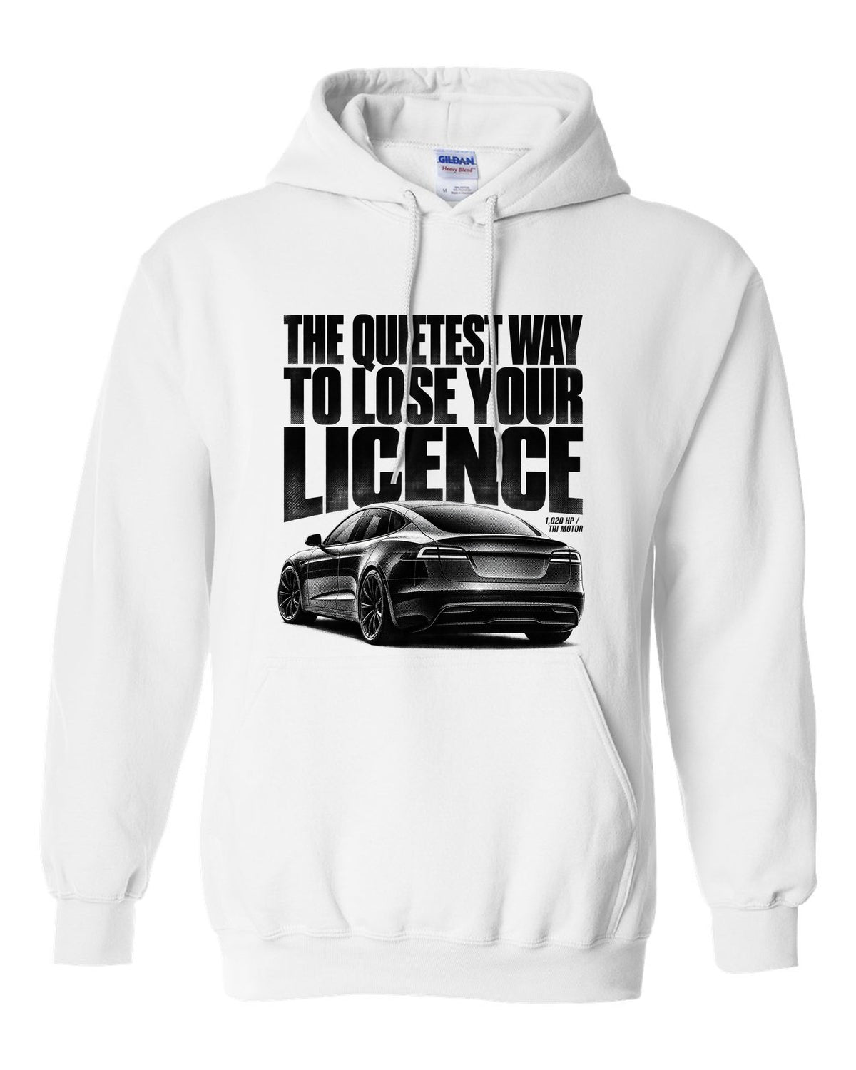 Halftone print of a Tesla Model S Plaid rear three-quarter view white pull over hoodie front view with the design