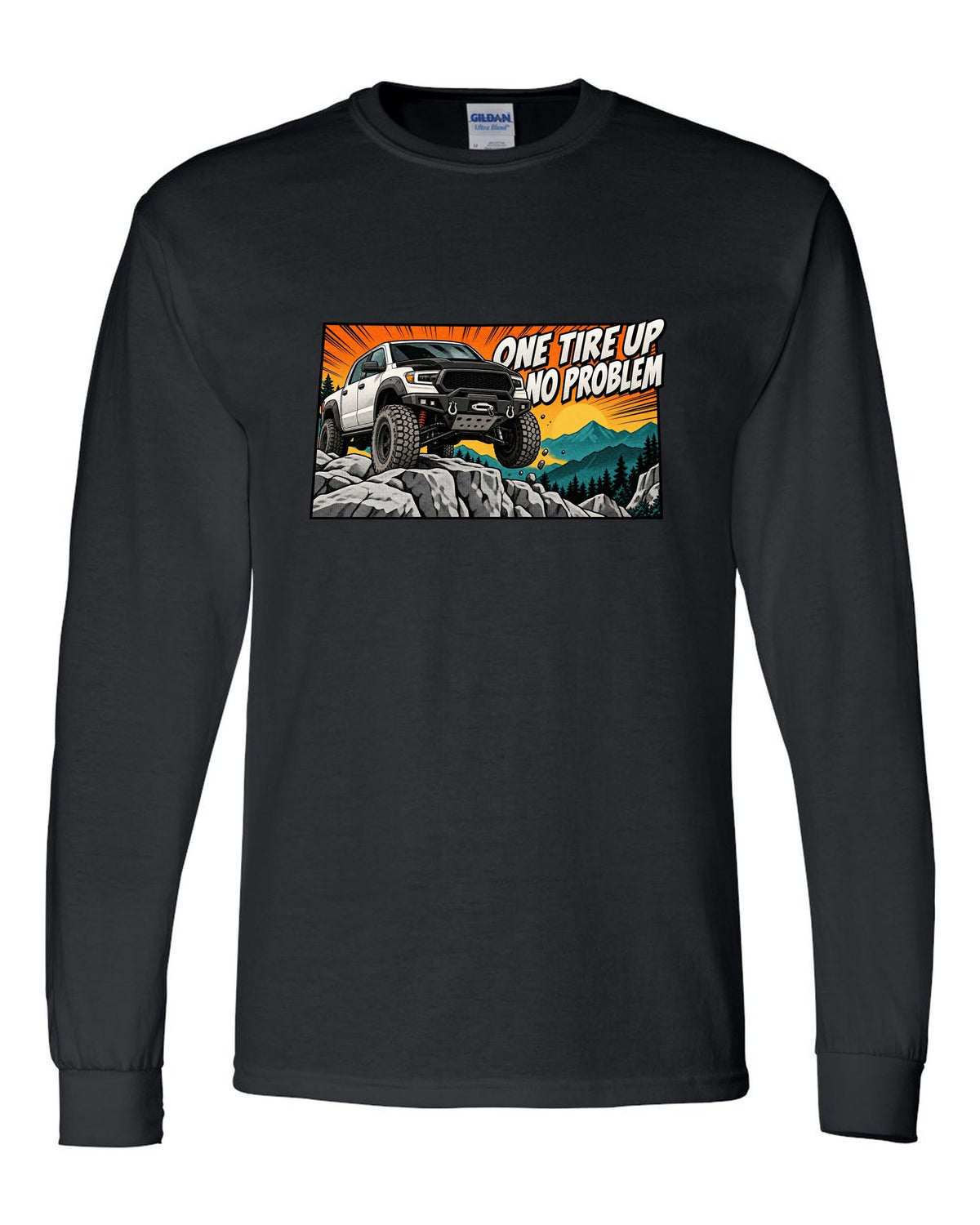 Retro manga halftone print of a Ram Power Wagon 2500 4x4 with one tire up on a ledge black long sleeve front view with the design