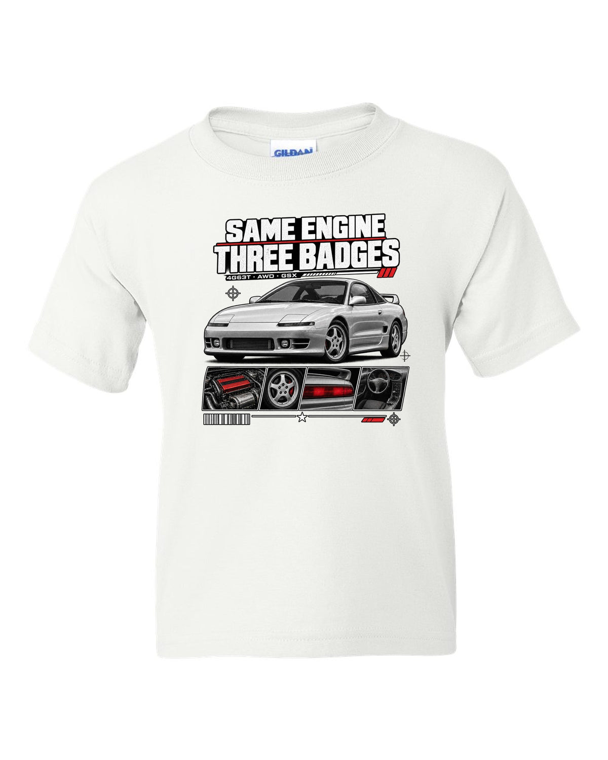 Mitsubishi Eclipse GSX 2G dossier panels with same engine three badges 4G63T text white kids tee front view with the design