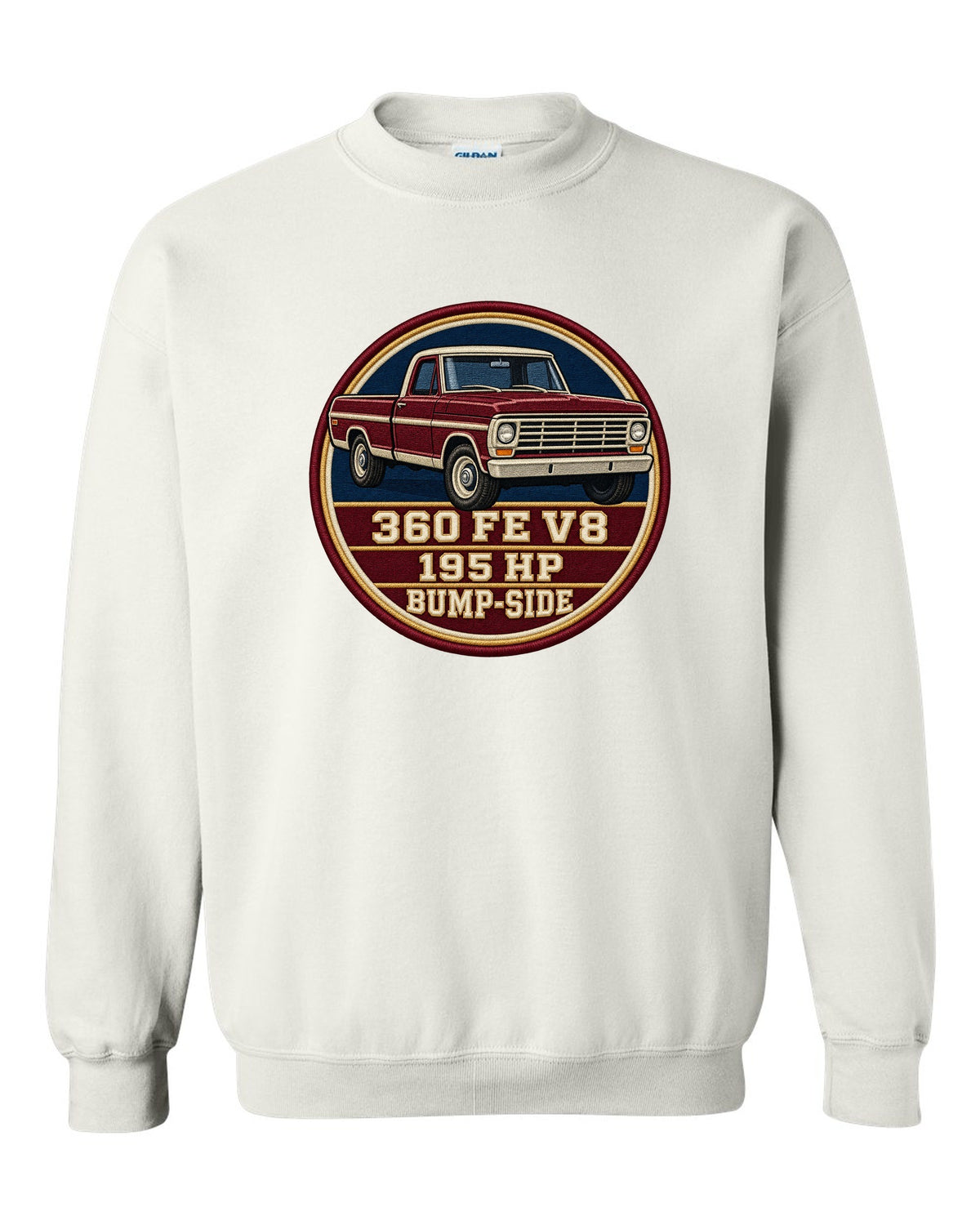 Bump-Side Ford F-Series 1967-72 Crest print Tee white crewneck front view with the design