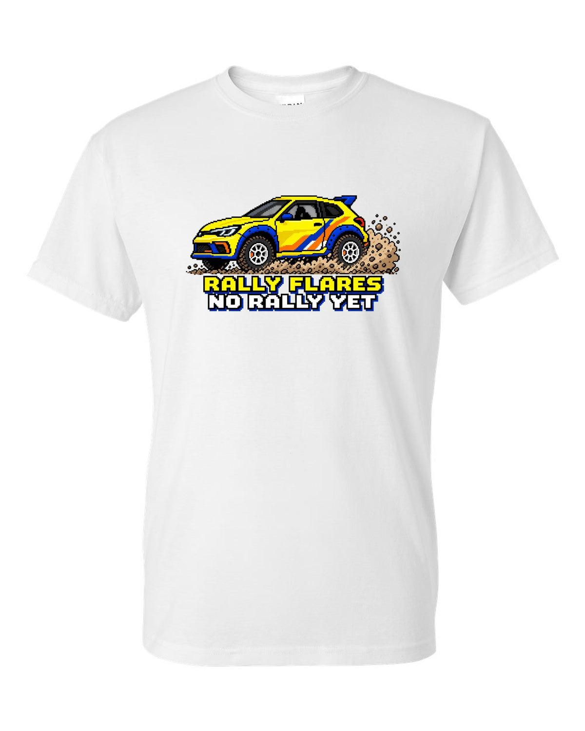 Rivian R3X 16-bit pixel art gravel slide print with the text rally flares no rally yet white t-shirt front view with the design