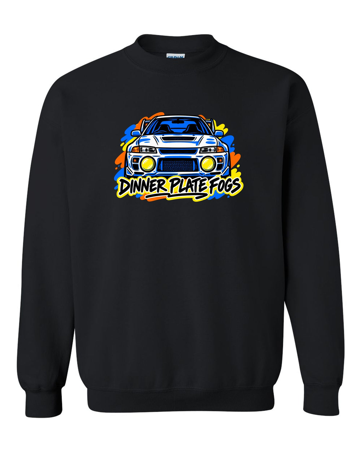 Mitsubishi Lancer Evolution IV CN9A mono-line sketch, DINNER PLATE FOGS black crewneck front view with the design