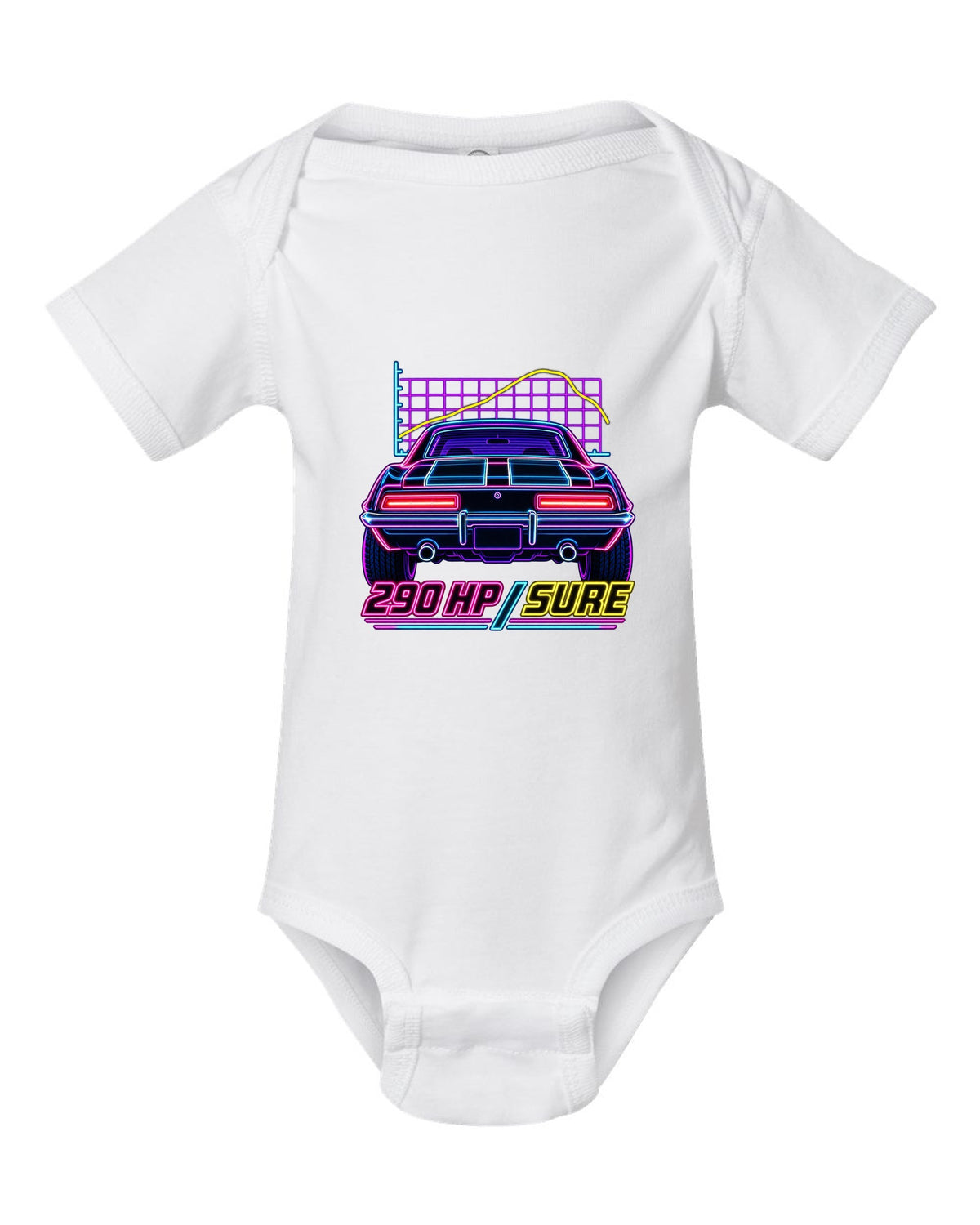 Neon synthwave outline of a 1969 Chevrolet Camaro Z/28 taillights with 290 HP lettering white baby onesie front view with the design