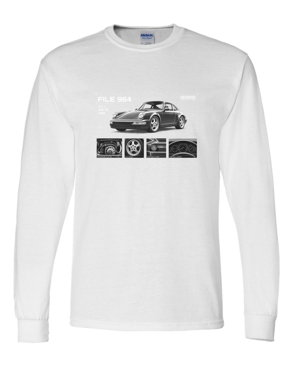 Dossier panel print of a Porsche 911 964 Carrera 2 with File 964 3.6 L 250 PS lettering white long sleeve front view with the design