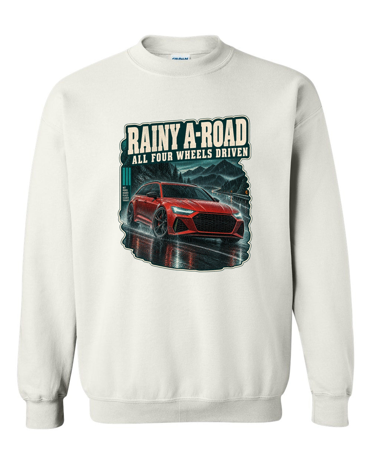 Rainy night road scene with an Audi RS6 Avant C8, all-wheel-drive caption white crewneck front view with the design