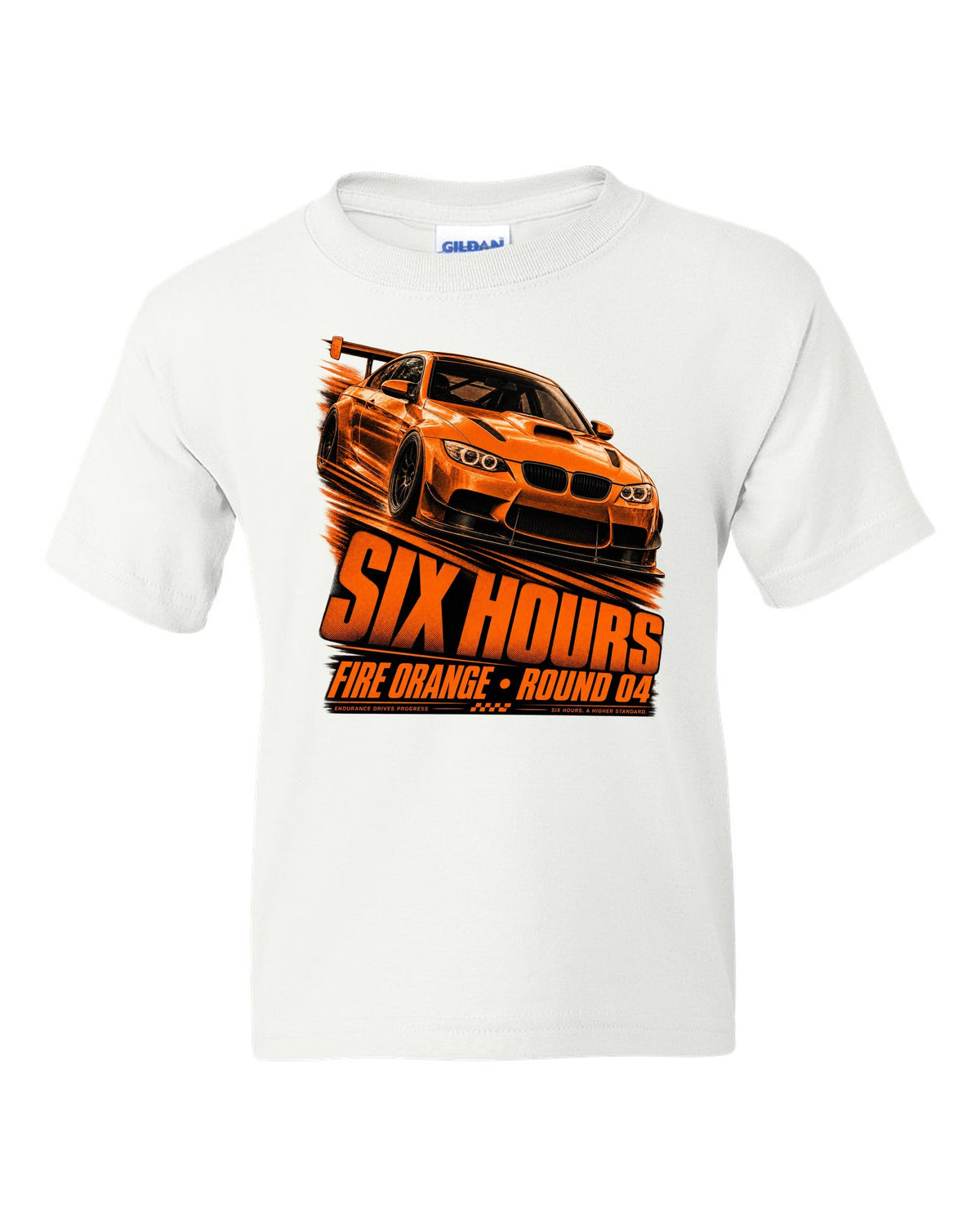 BMW E92 M3 GTS race poster print with Fire Orange round four lettering white kids tee front view with the design