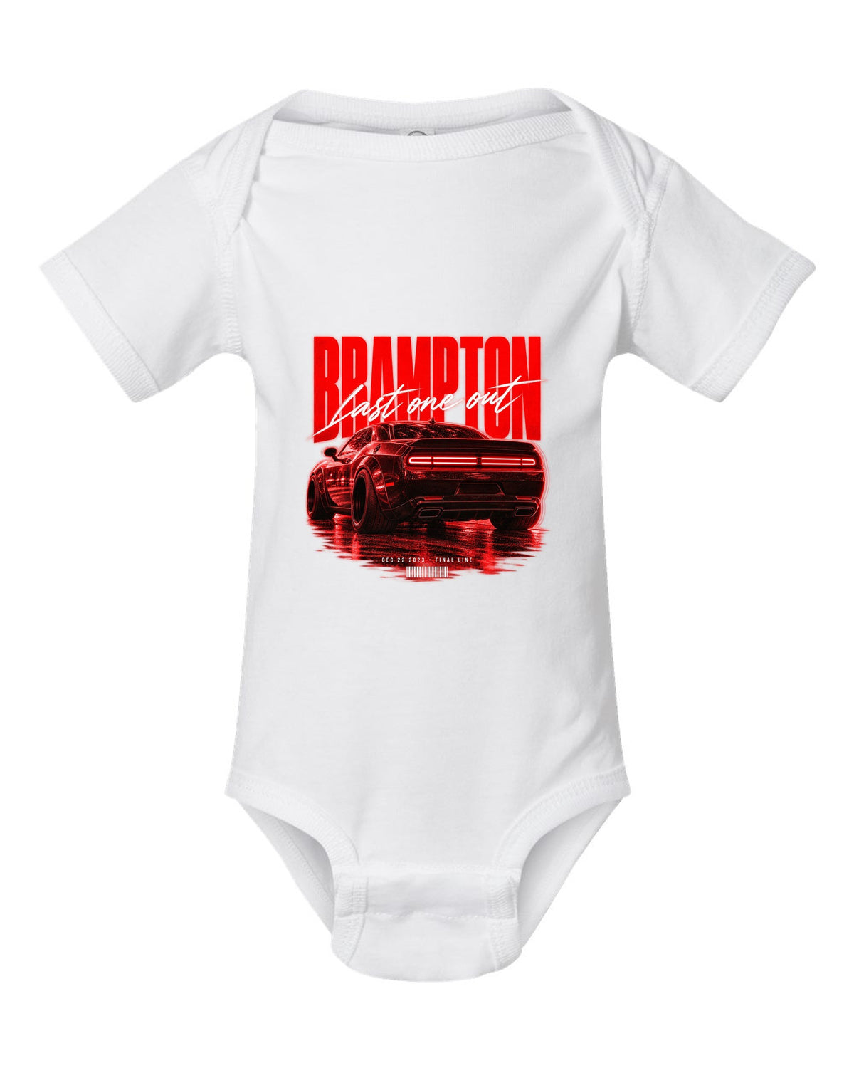 Street poster print of a 2023 Dodge Challenger Widebody with Brampton last one out Dec 22 2023 text white baby onesie front view with the design