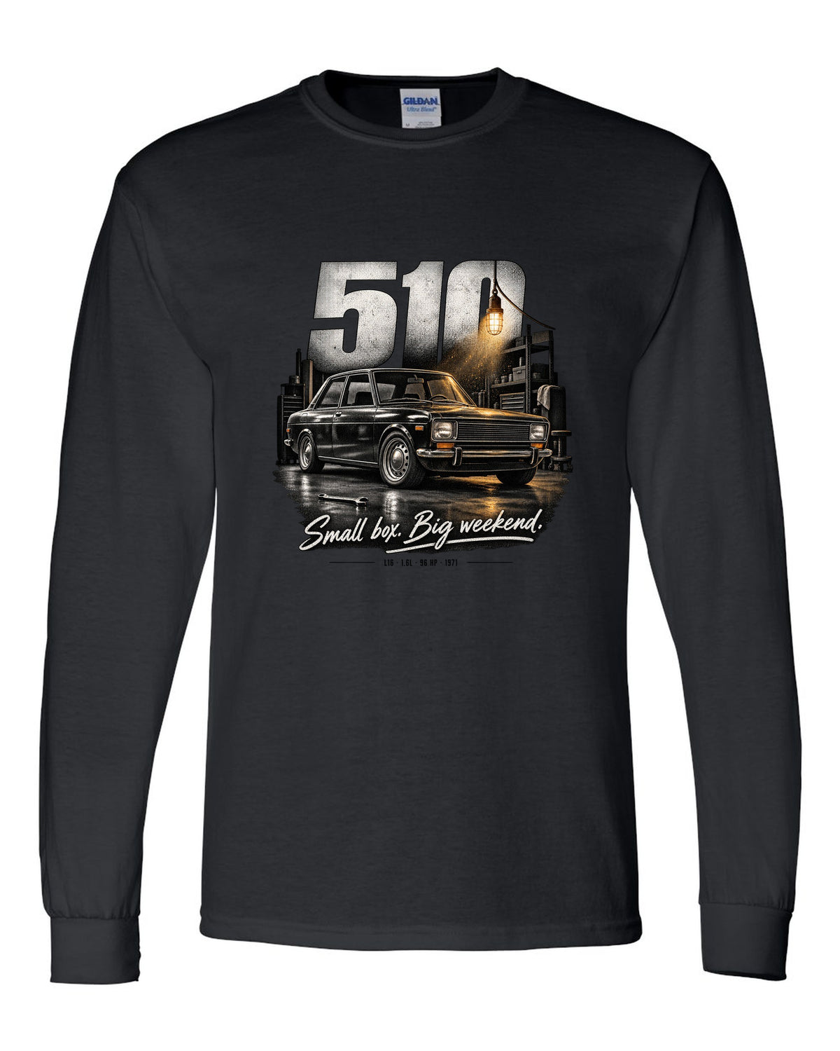 Garage night print of a Datsun 510 sedan with L16 1.6L 96 HP text black long sleeve front view with the design