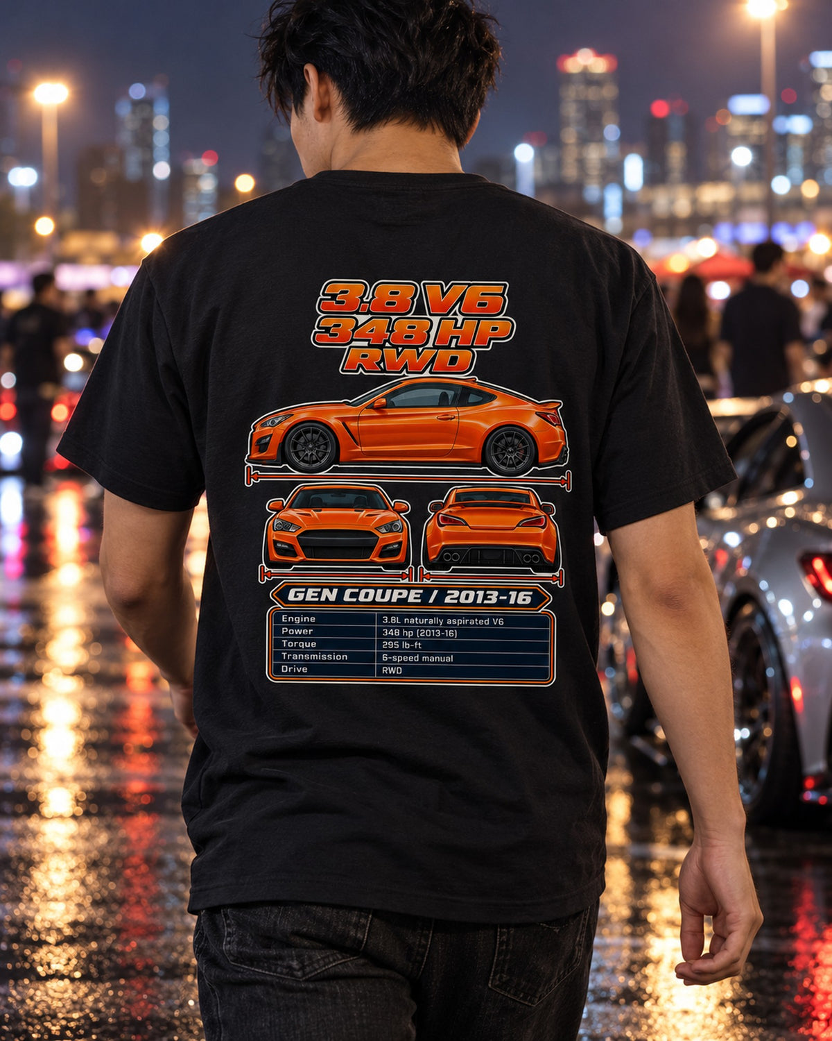 Hyundai Genesis Coupe 38 Spec Sheet Full-Back Graphic Tee T-Shirt Black worn hero