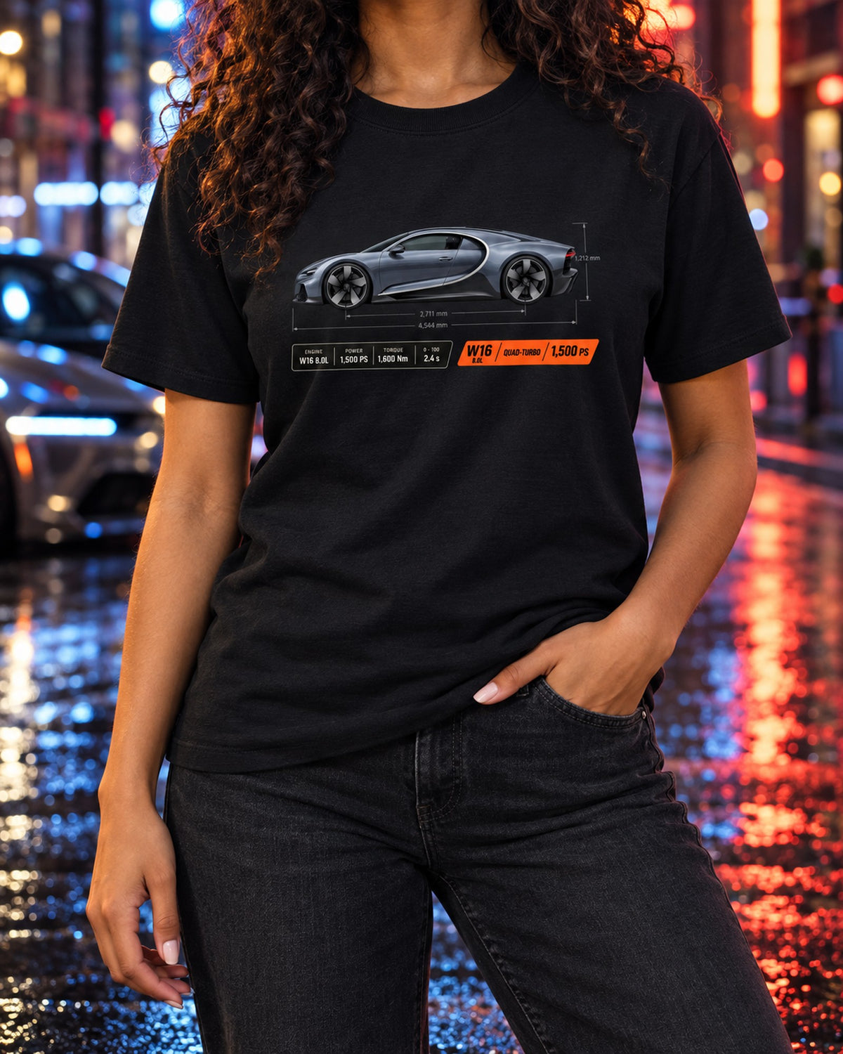 Bugatti Chiron W16 Dimension Blueprint Shirt, 1,500 PS Tee T-Shirt Black worn hero