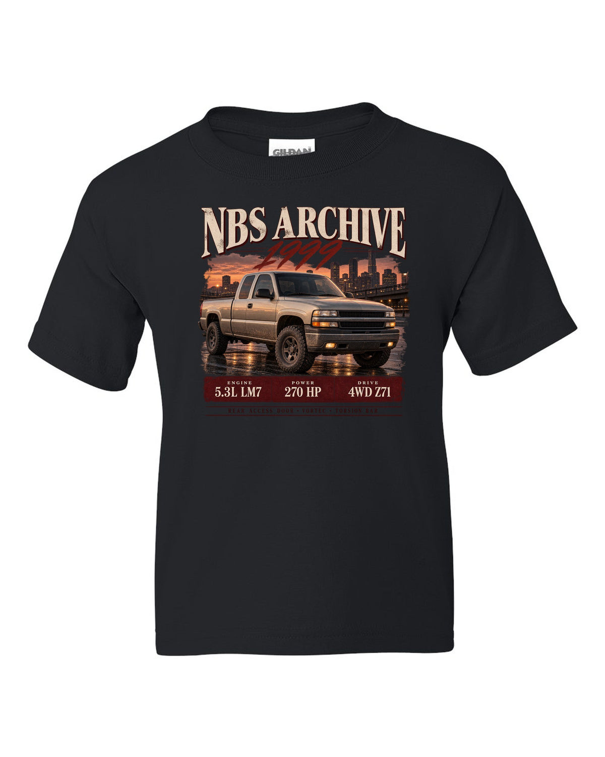 1999 Chevy Silverado NBS archive panel print black kids tee front view with the design